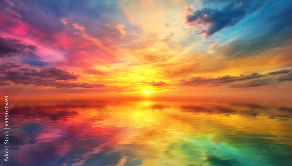 Fototapeta premium A dreamy sky transitioning from a golden sunset to a full spectrum of rainbow colors, giving off a vibrant yet calming feel