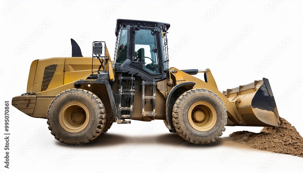 Yellow Front Loader Excavator with Large Tires Digging Sand on White Background Yellow Front Loader Excavator with Large Tires Digging Sand on White Background