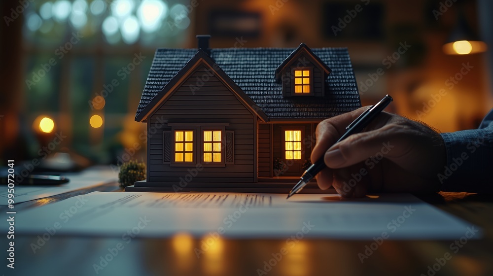 Homebuyer signing paperwork with a model house on the desk, highlighting the pen and signature under soft lighting, with a blurred background of documents and a realtor observing. Homebuyer signing paperwork with a model house on the desk, highlighting the pen and signature under soft lighting, with a blurred background of documents and a realtor observing.