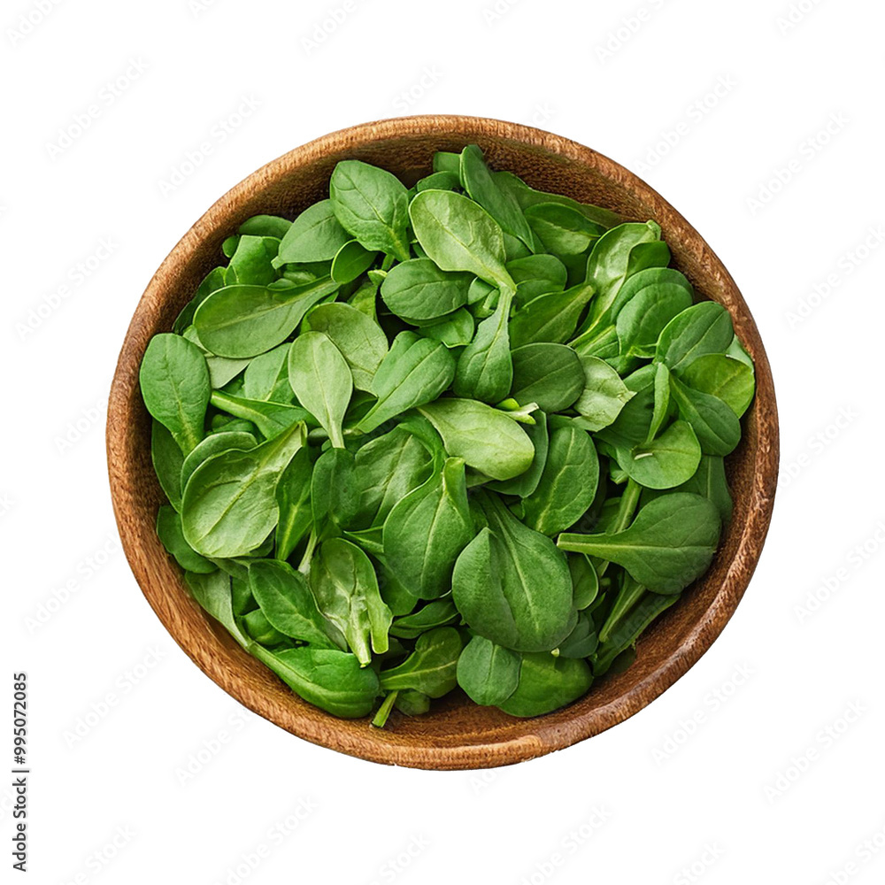 Bowl of fresh watercress leaves isolated on transparent background, flat lay, png Bowl of fresh watercress leaves isolated on transparent background, flat lay, png