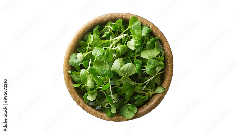 Bowl of fresh watercress leaves isolated on transparent background, flat lay, png Bowl of fresh watercress leaves isolated on transparent background, flat lay, png