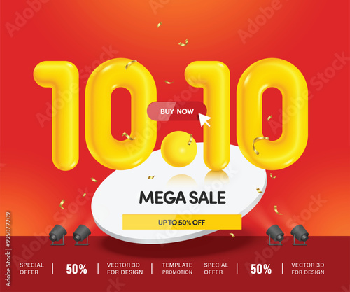 mega sale promotion ,number 10.10 yellow 3d float in the air on white round podium with 50%off text for Advertising campaign on the tenth day of the tenth month, vector 3d for banner design