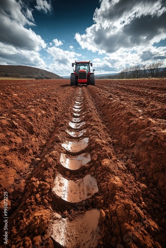 Tractor Plowing Field in Spring – Freshly Tilled Soil Rows Ready for Planting with Clouds Above in Rural Landscape

