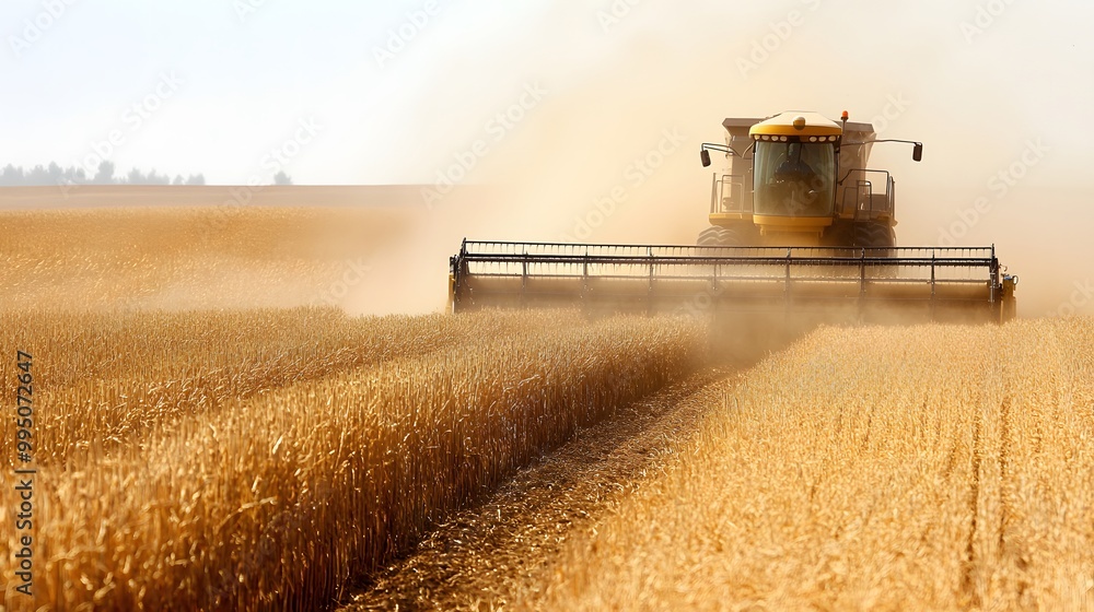 Fototapeta premium Combine Harvester Cutting Through a Golden Field of Grain