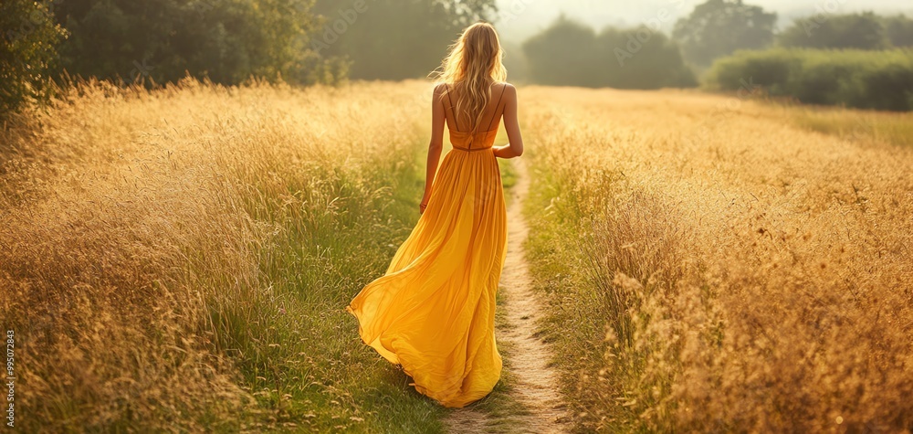 Obraz premium Woman in yellow dress walking through golden field during sunset.