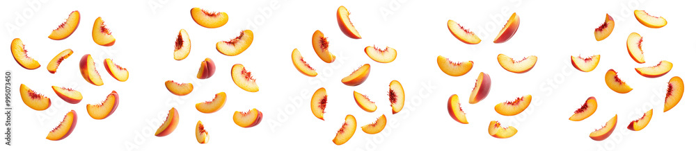 Collection of peach slices floating in the air isolated on white background Collection of peach slices floating in the air isolated on white background