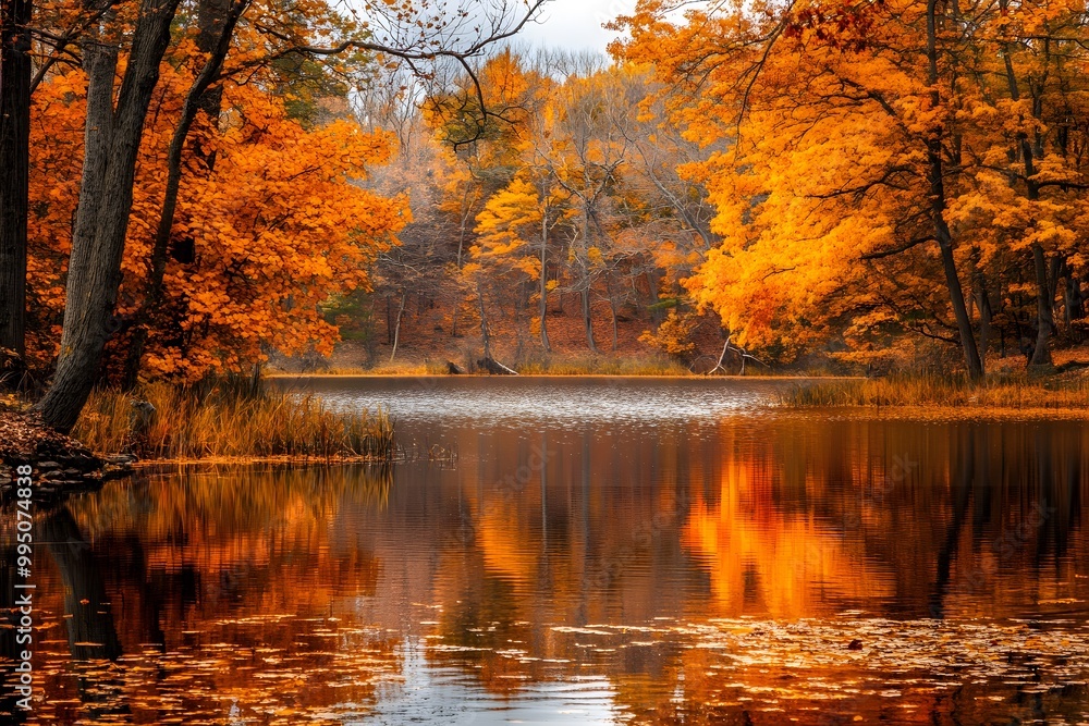 Obraz premium Autumn Lake View Surrounded by Colorful Trees