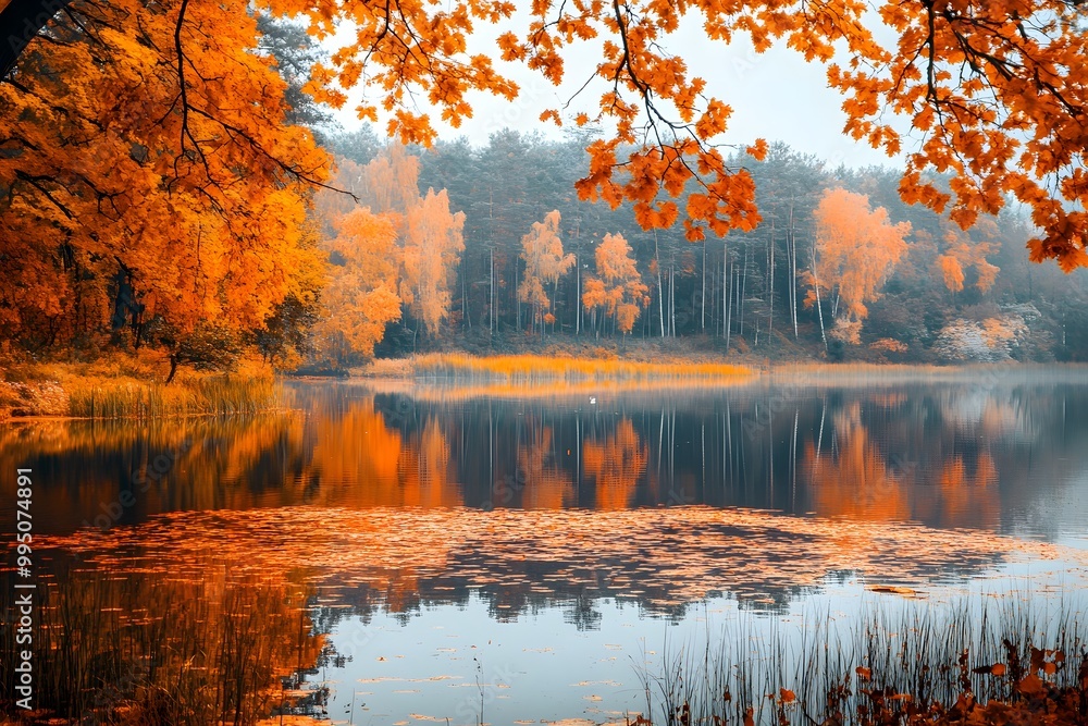 Fototapeta premium Serene Autumn View Over Calm Lake Surrounded by Trees