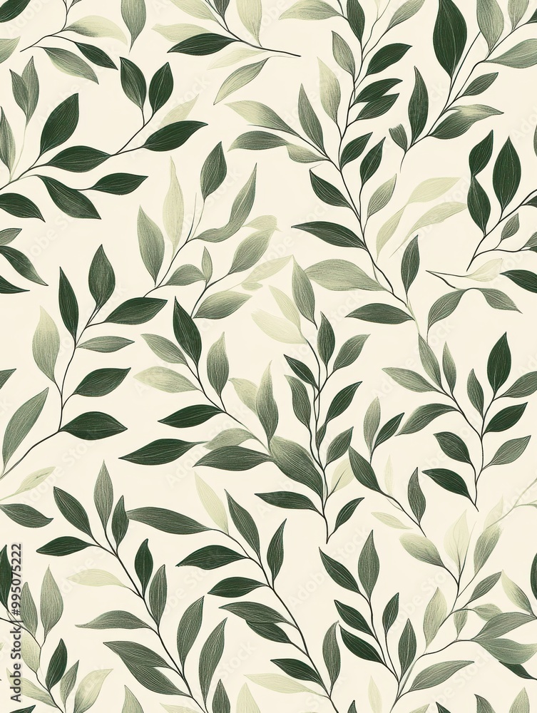 A seamless pattern featuring various green leaves on a light background, creating a fresh and natural aesthetic. A seamless pattern featuring various green leaves on a light background, creating a fresh and natural aesthetic.