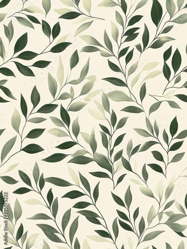 A seamless pattern featuring various green leaves on a light background, creating a fresh and natural aesthetic.