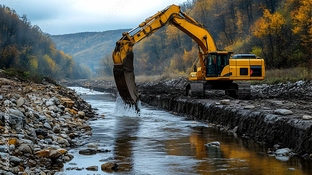 Excavator Digs Riverbed, Shaping Stream for Erosion Control Excavator Digs Riverbed, Shaping Stream for Erosion Control