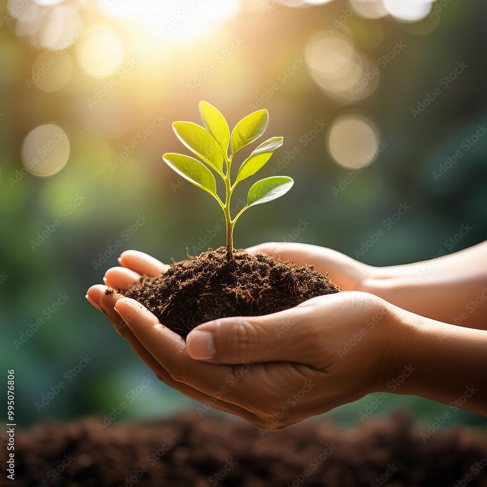 Fototapeta premium Hand Holding a Sprout: Symbol of Growth, Nature, and New Beginnings