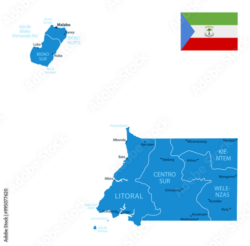 Equatorial Guinea - detailed blue country map with cities and regions. Vector illustration.