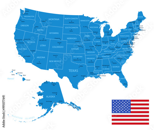 USA - detailed blue country map with cities and regions. Vector illustration.