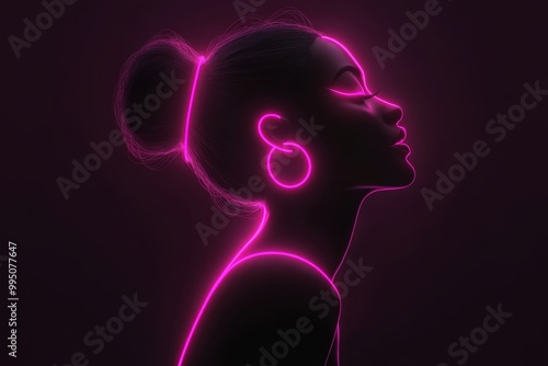 Neon silhouette of a woman with glowing pink headphones symbolizing digital creativity sound immersion and modern audio technology