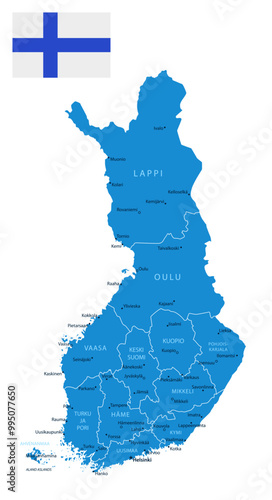 Finland - detailed blue country map with cities and regions. Vector illustration.