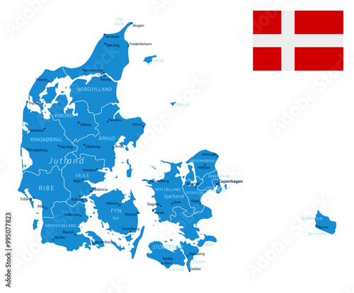Denmark - detailed blue country map with cities and regions. Vector illustration.