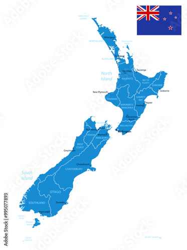 New Zealand - detailed blue country map with cities and regions. Vector illustration.