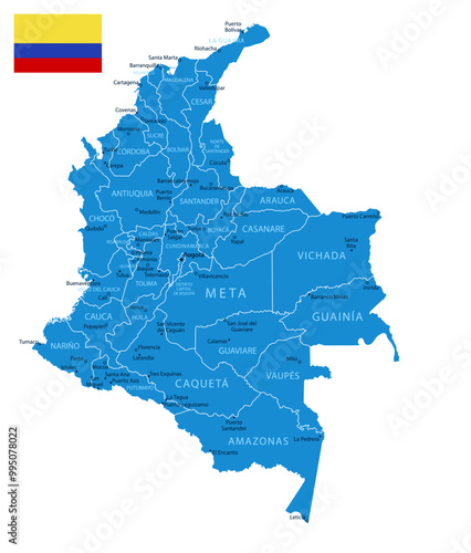 Colombia - detailed blue country map with cities and regions. Vector illustration.