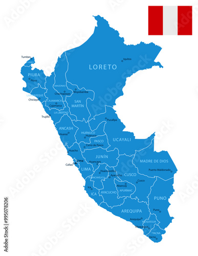 Peru - detailed blue country map with cities and regions. Vector illustration.