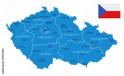 Czech Republic - detailed blue country map with cities and regions. Vector illustration.