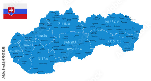 Slovakia - detailed blue country map with cities and regions. Vector illustration.