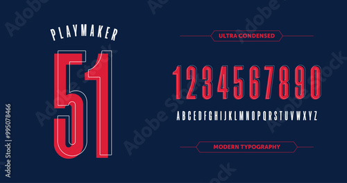 Varsity Style Jersey Design: Playmaker 51. Classic look with Navy blue and white. Includes digits 0-9 and uppercase letters A-Z. Perfect for custom sports jerseys and team apparel.