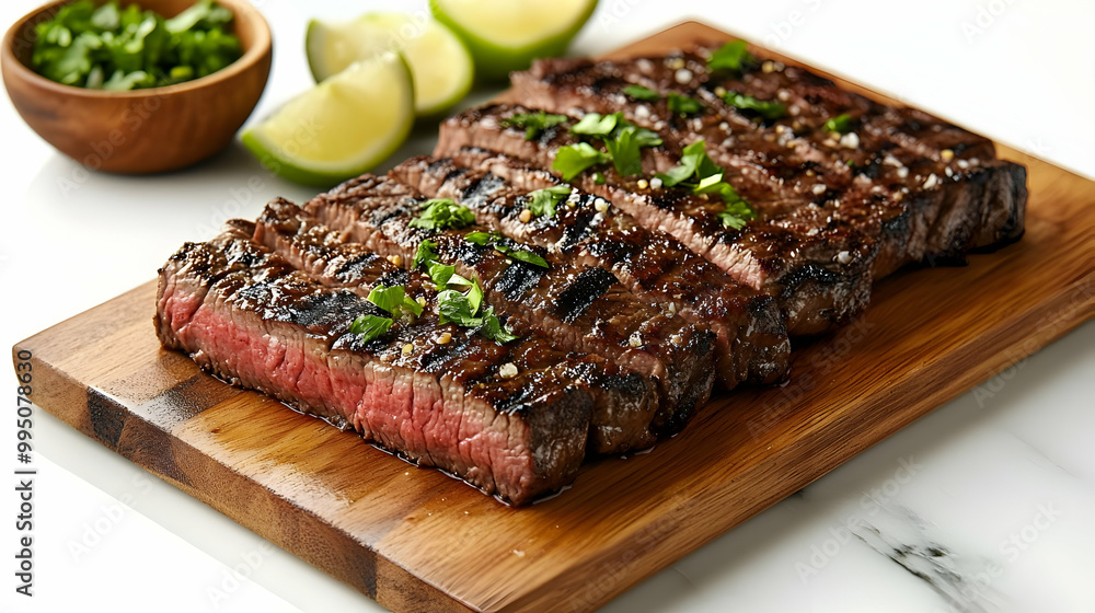 Grilled Steak Slices on Cutting Board with Lime Grilled Steak Slices on Cutting Board with Lime