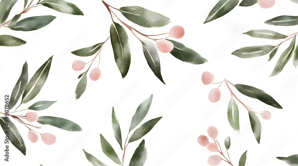 Naklejka premium Watercolor Eucalyptus Greenery Leaves and Berries Pattern Background