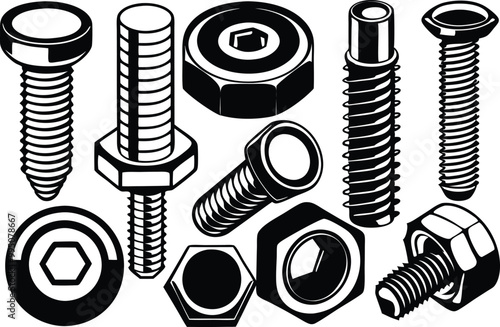 Set of different types screws and bolts , illustration on white background.