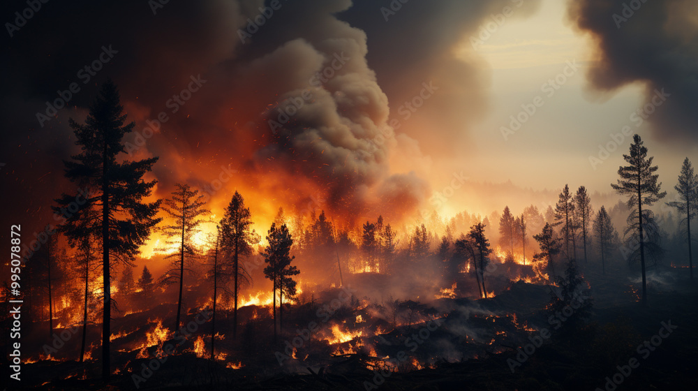 Fototapeta premium A group of firefighters in helmets and protective gear work together in a smoky forest, using tools to control a blazing fire as flames rise and ash fills the air, surrounded by charred trees.