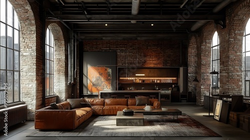 Modern industrial living room with brick walls and cozy decor.