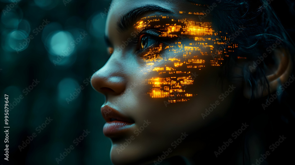 Digital Art: Woman's Face with Glowing Lights, Futuristic Makeup Digital Art: Woman's Face with Glowing Lights, Futuristic Makeup