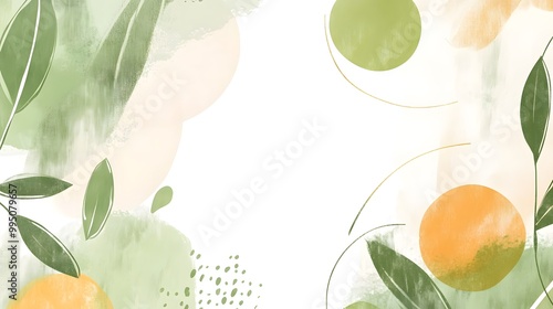 Abstract Green and Orange Watercolor Background with Leaves