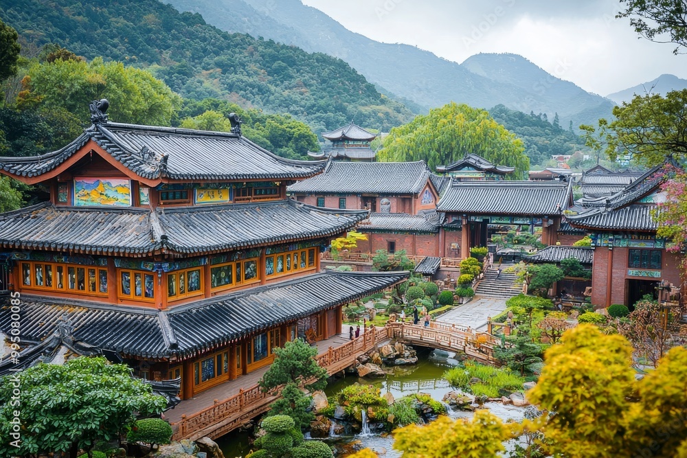 A grand Taoist temple complex with ornate wooden beams, colorful murals, and intricate roof designs A grand Taoist temple complex with ornate wooden beams, colorful murals, and intricate roof designs
