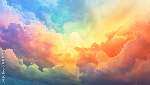 A dreamy sky transitioning from a golden sunset to a full spectrum of rainbow colors, giving off a vibrant yet calming feel