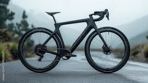 Sleek black road bicycle on a misty road in a natural setting.