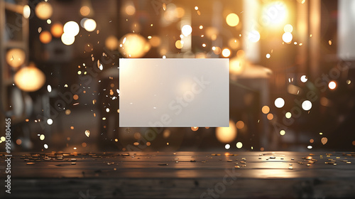 Blank floating card surrounded by glowing bokeh lights, symbolizing creativity and abstract concepts