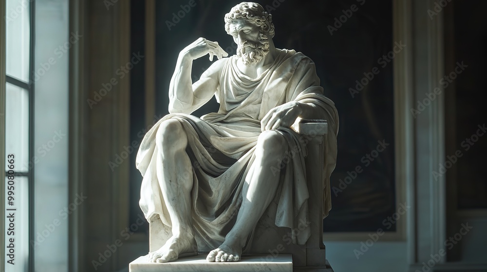 Marble Statue a stoic philosopher sitting on a throne thinking
Marble Statue a stoic philosopher sitting on a throne thinking
