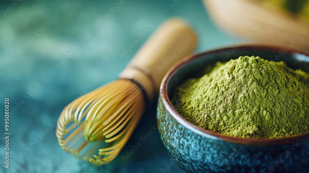 A vibrant bowl of matcha powder next to a traditional bamboo whisk, set against a textured blue background. A vibrant bowl of matcha powder next to a traditional bamboo whisk, set against a textured blue background.