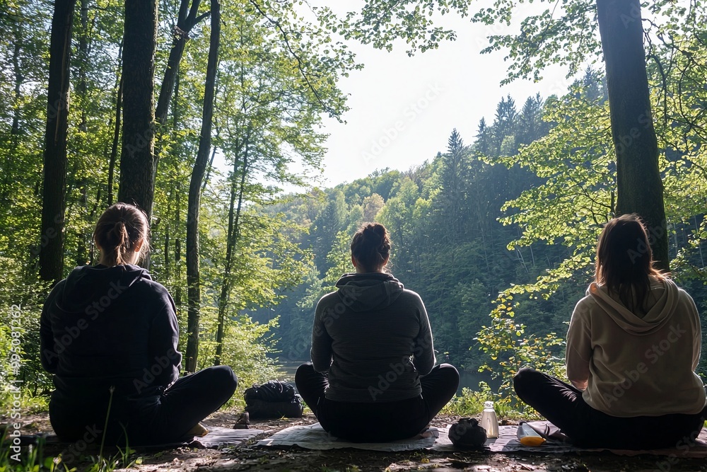 A group meditating in a forest surrounded by tall trees. The natural environment promotes inner peace and connection A group meditating in a forest surrounded by tall trees. The natural environment promotes inner peace and connection