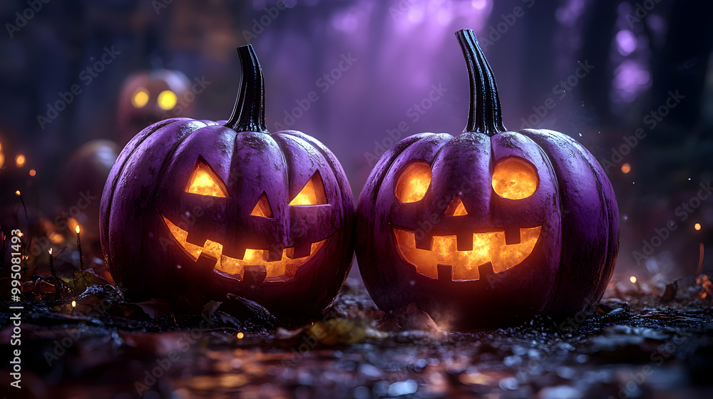 Fototapeta premium Spooky Purple Jack-O-Lanterns with Glowing Faces in Dark Forest
