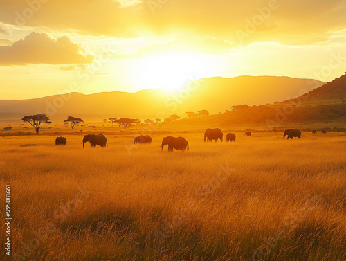 Wallpaper Mural Elephants Roaming the Golden Savannah at Sunset Torontodigital.ca