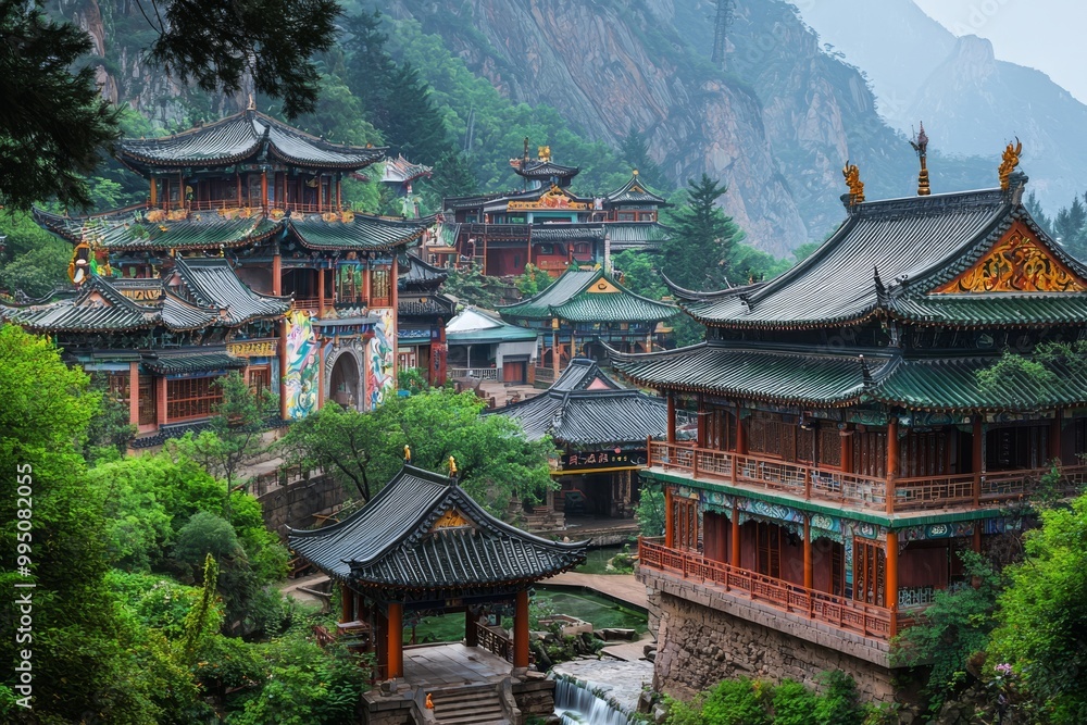 A grand Taoist temple complex with ornate wooden beams, colorful murals, and intricate roof designs A grand Taoist temple complex with ornate wooden beams, colorful murals, and intricate roof designs