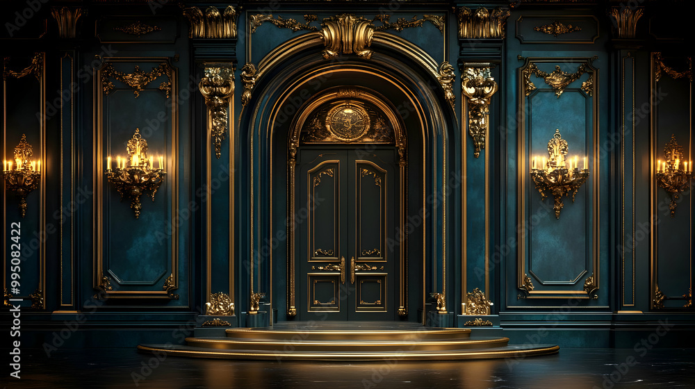 Fototapeta premium Grand Entrance with Gold Trim and Teal Walls