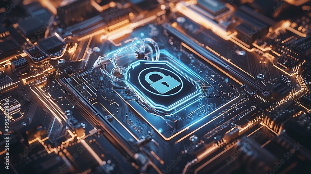 A highquality illustration of a computer motherboard with a prominent safety lock symbol, serving as a visual representation of the synergy between technology and cybersecurity services. A highquality illustration of a computer motherboard with a prominent safety lock symbol, serving as a visual representation of the synergy between technology and cybersecurity services.