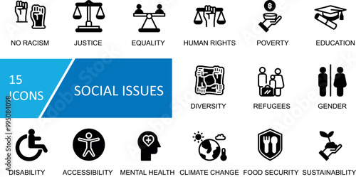 Social Issues icon set. Justice, Equality, Human Rights, Poverty, Education, Disability, Racism, Diversity, Refugees, Gender, Accessibility, Mental Health, Climate Change, Food Security, Sustainabilit