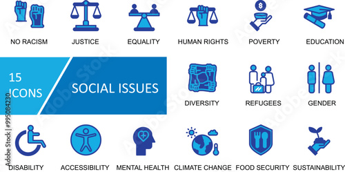 Social Issues icon set. Justice, Equality, Human Rights, Poverty, Education, Disability, Racism, Diversity, Refugees, Gender, Accessibility, Mental Health, Climate Change, Food Security, Sustainabilit