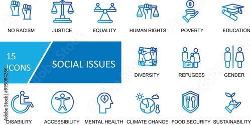 Social Issues icon set. Justice, Equality, Human Rights, Poverty, Education, Disability, Racism, Diversity, Refugees, Gender, Accessibility, Mental Health, Climate Change, Food Security, Sustainabilit