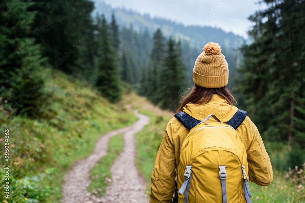 A person practicing mindfulness while hiking in nature. The physical activity combined with awareness promotes health and happiness A person practicing mindfulness while hiking in nature. The physical activity combined with awareness promotes health and happiness